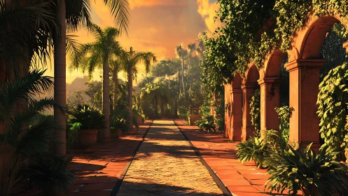 Sunlit tropical walkway passes arches and dense vegetation