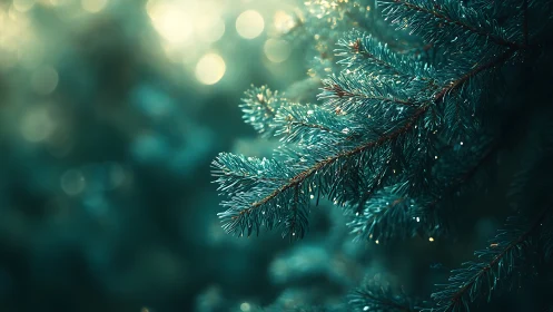 Evergreen needles sip sunlit bokeh in a quiet forest hush