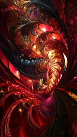 Fractal spiral blooms through molten red and gold ribbons