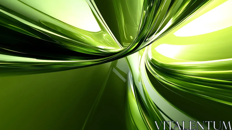 Vibrant Green Abstract Digital Art with Glossy Fluid Shapes.