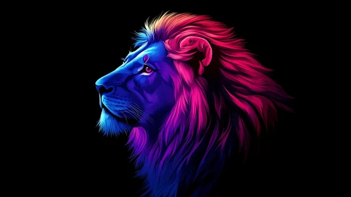 Side profile lion rendered in neon gradient digital illustration