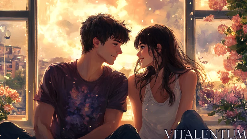 Golden window glow and balcony blooms cradle soft young love.