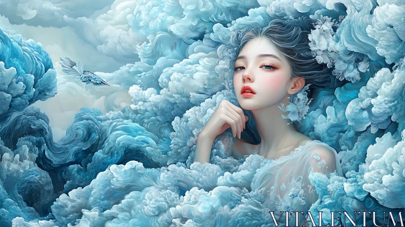 Ethereal cloud maiden in baroque blue vortex digital painting.