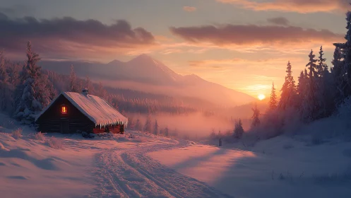 Snow cabin under pastel sunrise over misty pine valley.