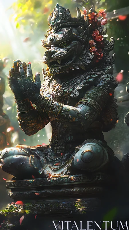 Bronze guardian lion statue in dappled forest light rendered