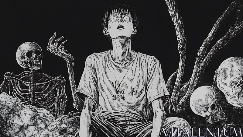 Haunted midnight reverie amid skeletal whispers and dread.