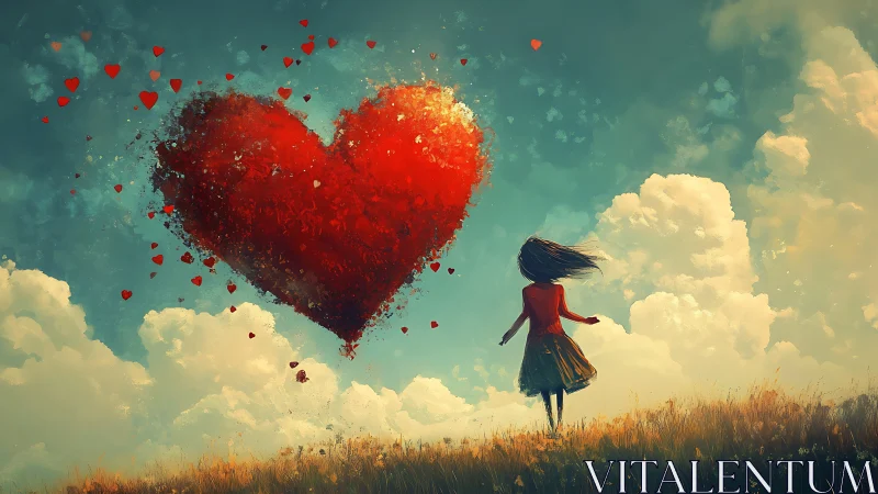 Woman Reaching Toward Dispersing Heart in Clouds.