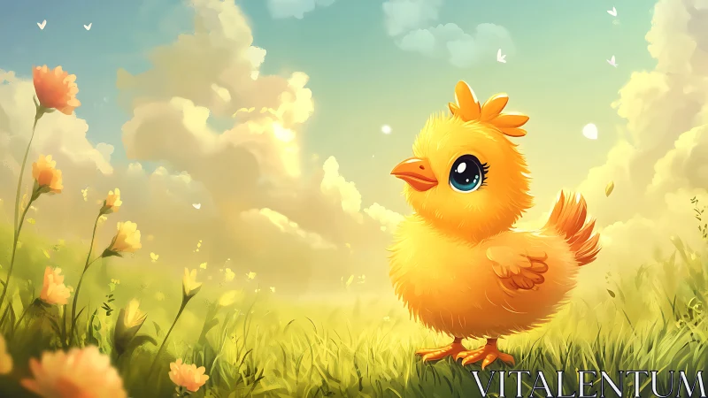 Young Yellow Chick in Meadow with Flowers and Sky