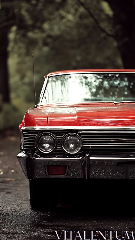 Classic red muscle car gleams against a moody forest backdrop.