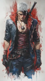 White-haired warrior in leather coat rendered as dynamic ink study