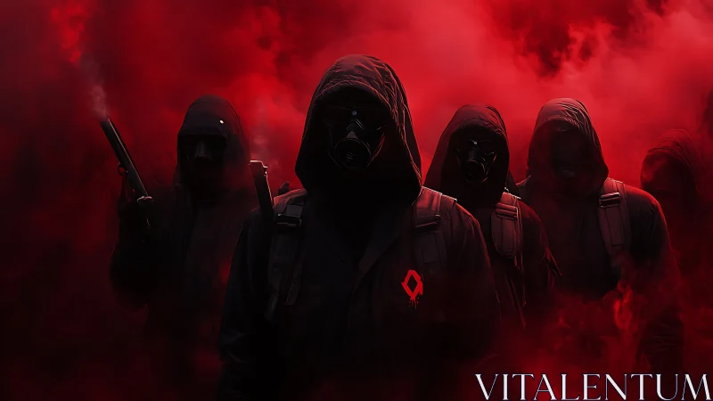 Photorealistic hooded squad in crimson atmospheric haze.