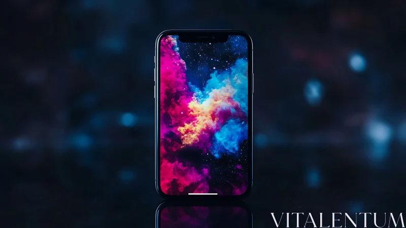 Smartphone displays vivid cosmic nebula against dark void