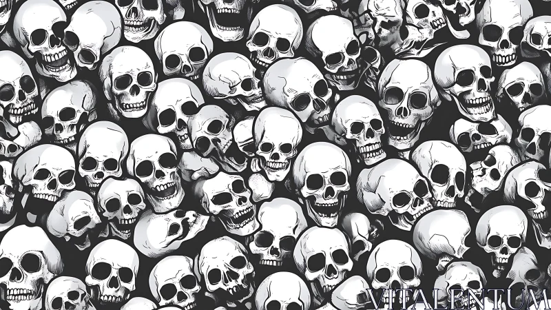 Playful tangle of monochrome skulls with bold graphic charm.