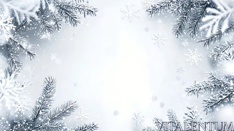 Frosted pine branches quietly frame a drifting snow ballet