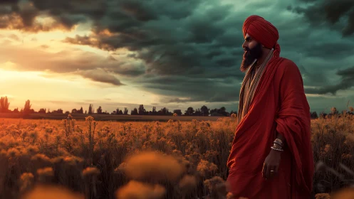 Sunlit robed figure traverses golden field beneath stormfront