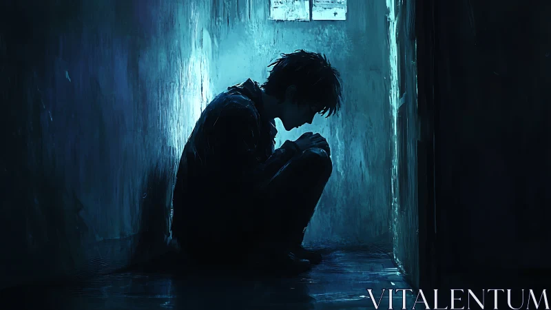 Solitary figure curls in narrow cell under cold blue light.