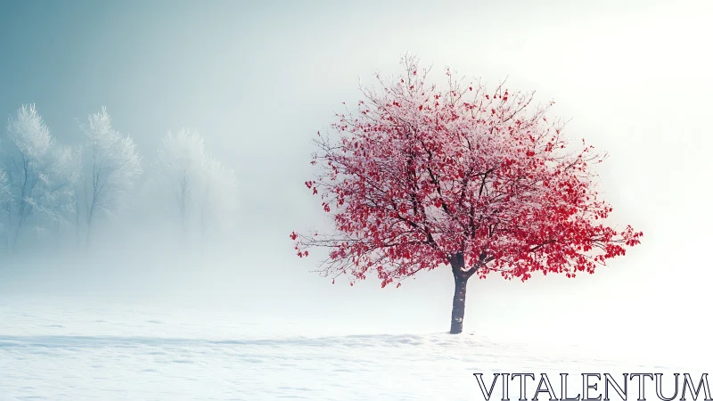 Isolated red deciduous tree in high-key winter fog field.