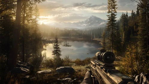 Rifle scope view over forest lake toward distant mountains.