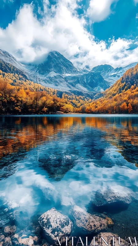 Autumn fire meets glacial peaks above a spellbound mirror lake.