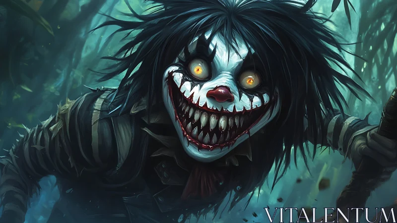 Menacing jungle clown lunges forward with exaggerated grin