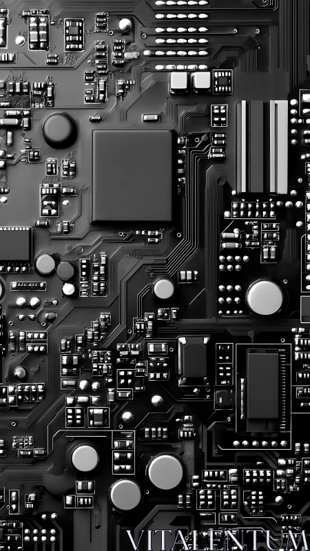 Monochrome motherboard close-up with dense chip layout.