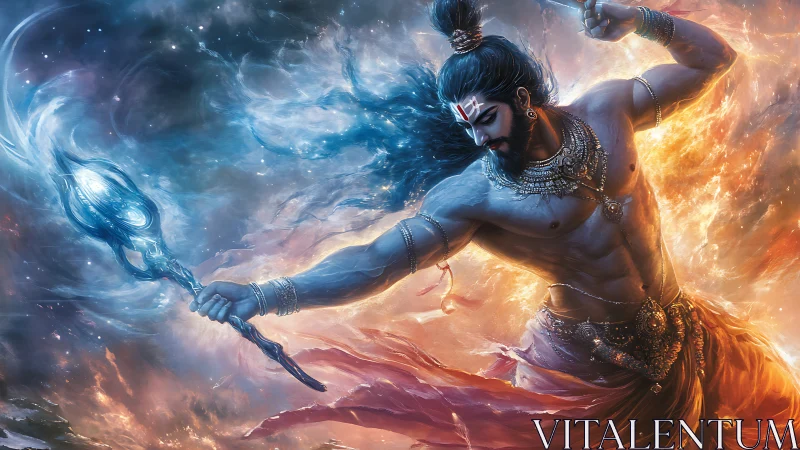 Mythic warrior channeling celestial fire and storm energy.