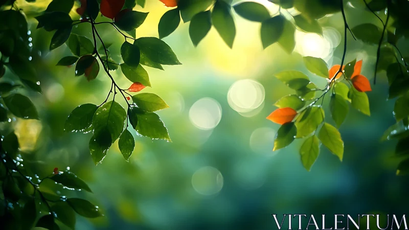 Sunlit Green Leaves with Dew and Orange Accents, Nature Photography.