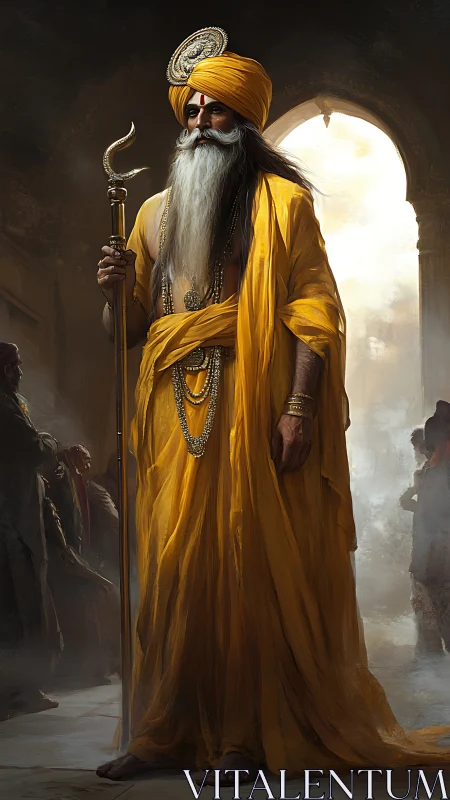 Elderly robed figure holding staff in arched interior passage.