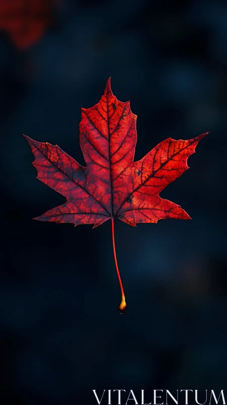 Solitary scarlet maple leaf hovers like quiet autumn fire