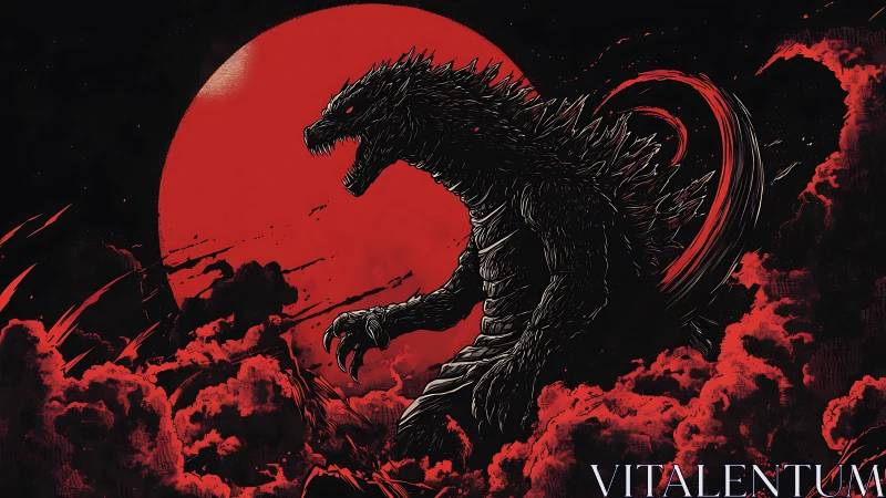 Giant spiked monster silhouetted against red full moon