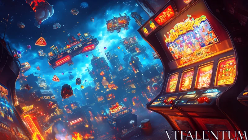 Neon arcade skyline with floating casinos and slot machines.