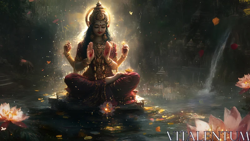 Four-armed goddess figure seated on lotus above reflective water