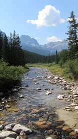 Mountain river with conifer forest and distant peaks view.