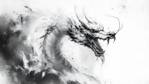 Monochrome ink dragon erupts from swirling negative space