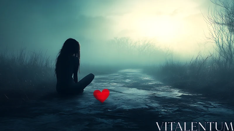 Silhouetted woman and red heart on misty backlit path