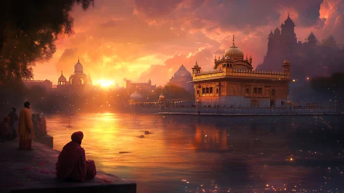 Golden waterside sanctuary glowing under ember skies.