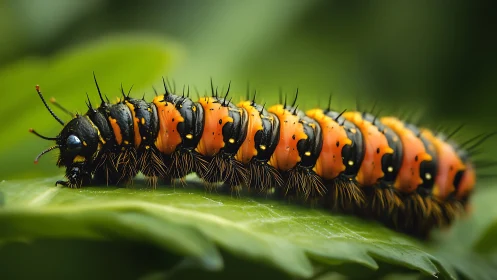 Vibrant orange caterpillar crawls across lush green leaf.