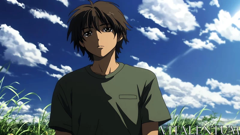 Anime youth standing in grassy field under blue sky.