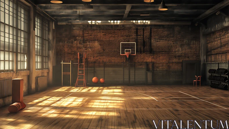Sunlit vintage gymnasium with worn court and brick walls.