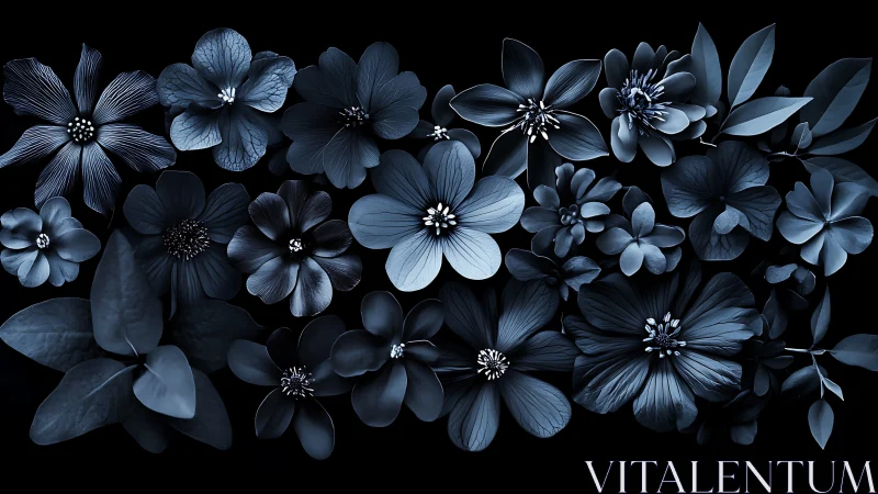 Blue botanical collection against dark background display