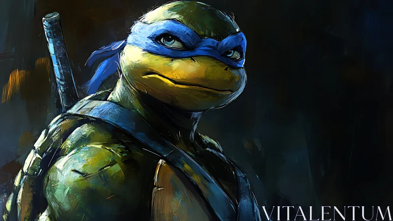 Stoic turtle warrior portrait in cinematic blue lighting.