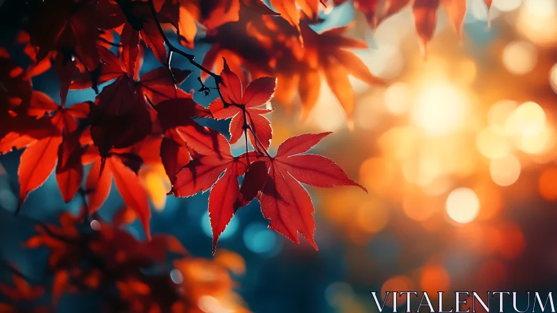 Red maple leaves hang sharply against blurred warm bokeh light