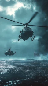 Military helicopters fly low over turbulent ocean water