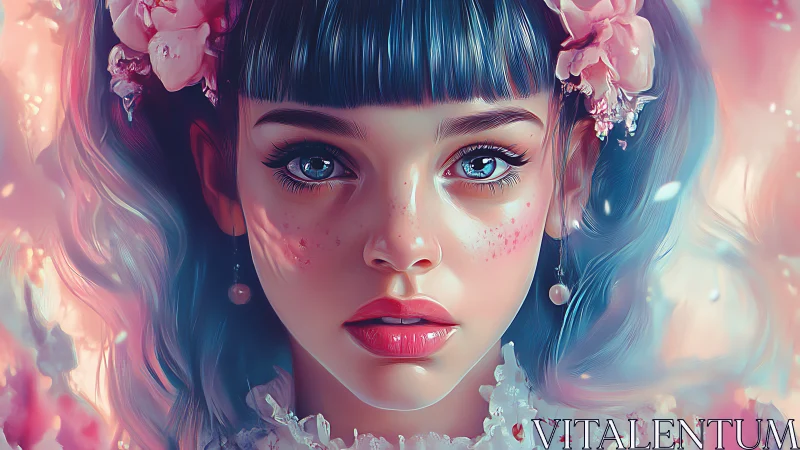 Hyperreal pastel portrait of blue-haired girl with blossoms