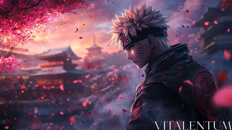 Solitary ninja under sakura blossoms in cinematic dusk lighting