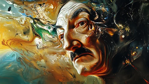 Distorted male face emerges from swirling abstract colors