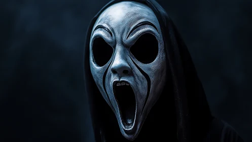 Hooded horror mask with screaming monochrome face.