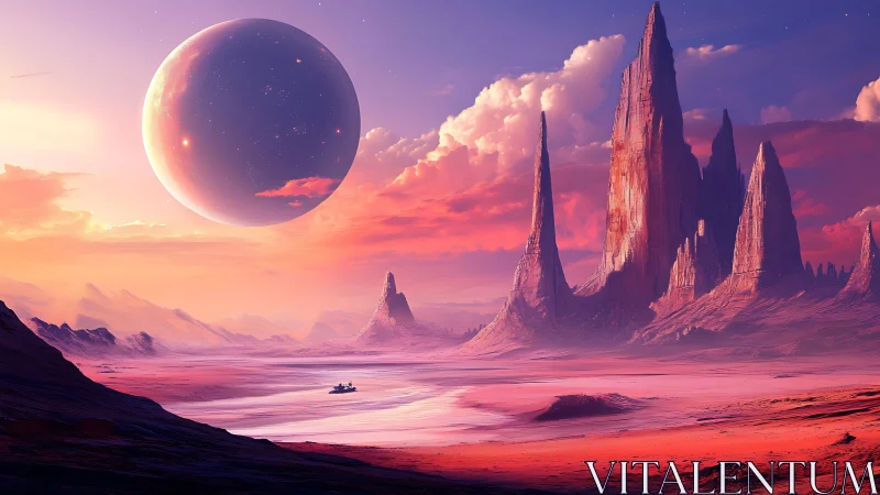 Solitary rover crosses alien desert under colossal moon