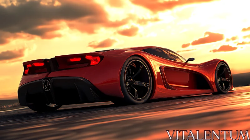 Low-angle render of red mid-engine hypercar at sunset on track