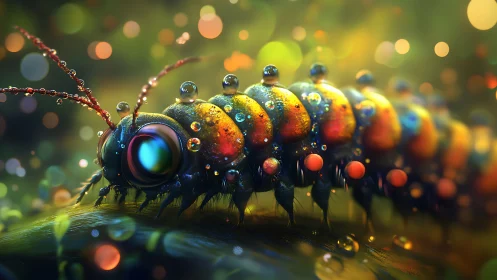 Bioluminescent caterpillar glows under dew in dreamy bokeh light
